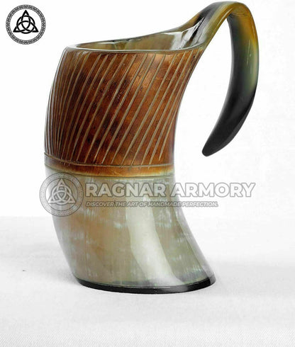 RA-113 Handmade Line Carved Polished Horn Mug, Norse Mugs, beer Mugs, Buffalo Horn Mugs, Gift For Men, Gift For Her, Mother's Day Gift, Christmas Gift - Ragnar Armoury