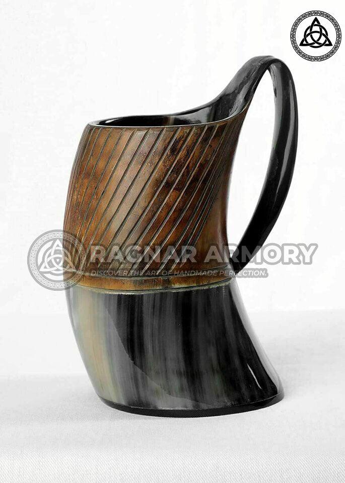 RA-113 Handmade Line Carved Polished Horn Mug, Norse Mugs, beer Mugs, Buffalo Horn Mugs, Gift For Men, Gift For Her, Mother's Day Gift, Christmas Gift - Ragnar Armoury