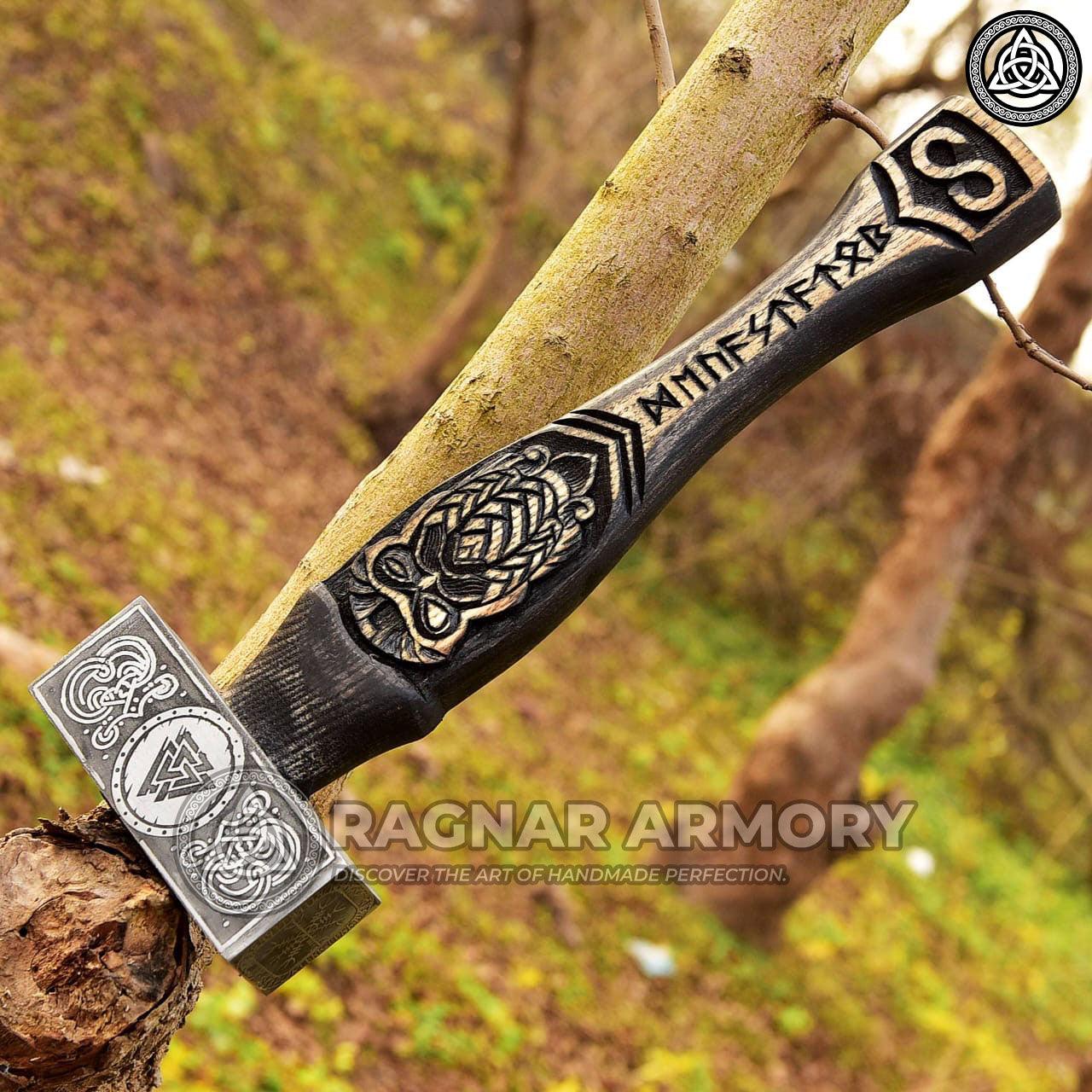 RA-116 Forged Norse Hammer with Carved Odin Handle, with Valknut Symbol, Unique Norse hammer, Gift For Him, Gift For Men, Father's Day Gift - Ragnar Armoury