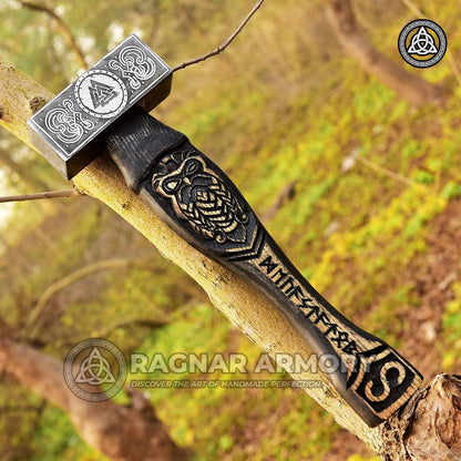 RA-116 Forged Norse Hammer with Carved Odin Handle, with Valknut Symbol, Unique Norse hammer, Gift For Him, Gift For Men, Father's Day Gift - Ragnar Armoury