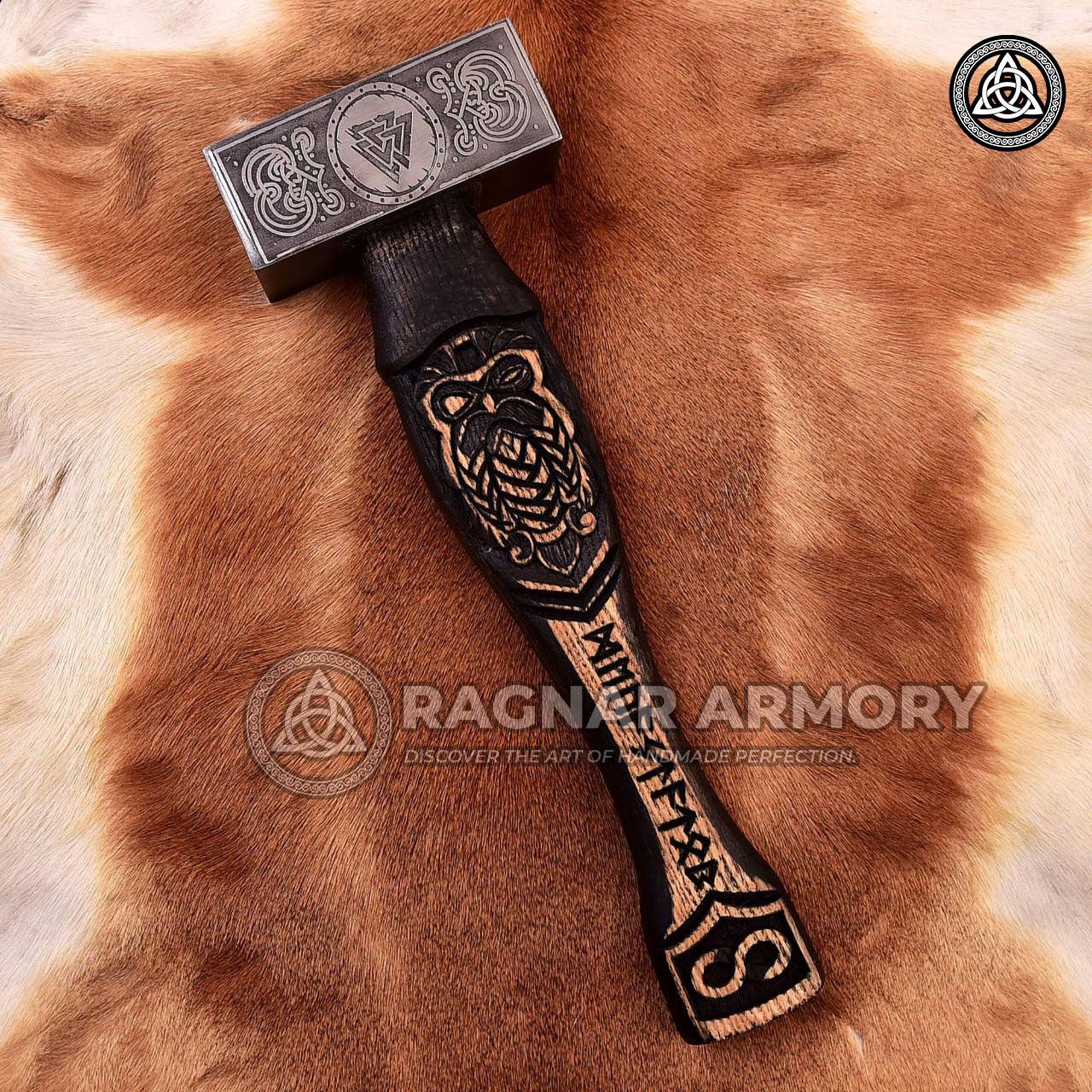 RA-116 Forged Norse Hammer with Carved Odin Handle, with Valknut Symbol, Unique Norse hammer, Gift For Him, Gift For Men, Father's Day Gift - Ragnar Armoury