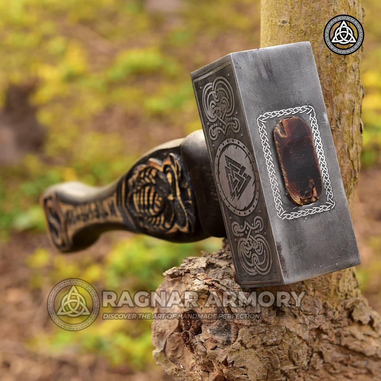 RA-116 Forged Norse Hammer with Carved Odin Handle, with Valknut Symbol, Unique Norse hammer, Gift For Him, Gift For Men, Father's Day Gift - Ragnar Armoury