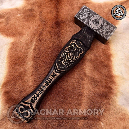 RA-116 Forged Norse Hammer with Carved Odin Handle, with Valknut Symbol, Unique Norse hammer, Gift For Him, Gift For Men, Father's Day Gift - Ragnar Armoury