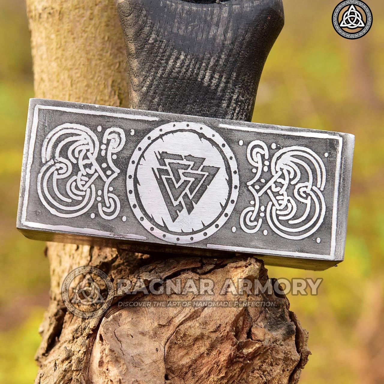 RA-116 Forged Norse Hammer with Carved Odin Handle, with Valknut Symbol, Unique Norse hammer, Gift For Him, Gift For Men, Father's Day Gift - Ragnar Armoury