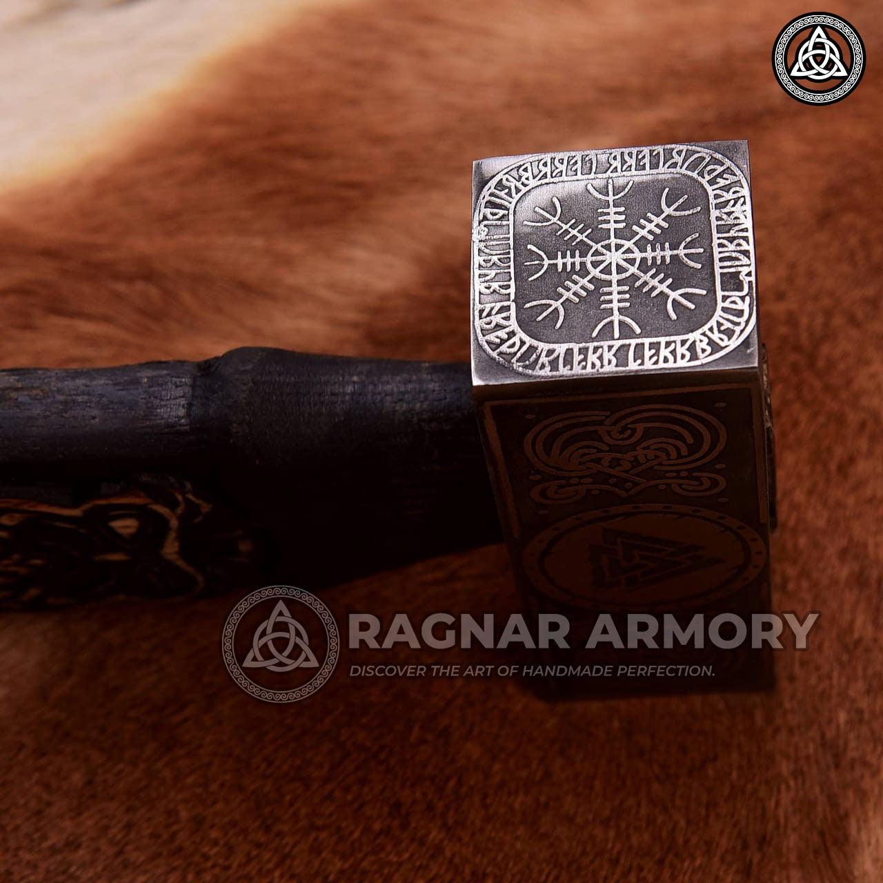 RA-116 Forged Norse Hammer with Carved Odin Handle, with Valknut Symbol, Unique Norse hammer, Gift For Him, Gift For Men, Father's Day Gift - Ragnar Armoury