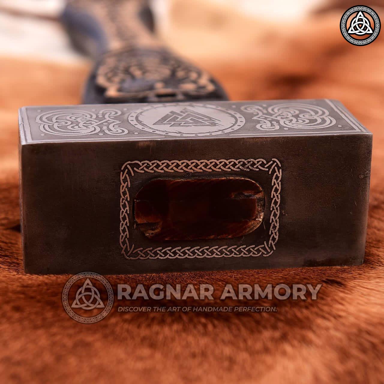 RA-116 Forged Norse Hammer with Carved Odin Handle, with Valknut Symbol, Unique Norse hammer, Gift For Him, Gift For Men, Father's Day Gift - Ragnar Armoury