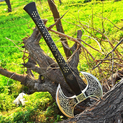 RA-119 Hand Forged Double Head Viking Etched Axe, Viking Double Head Axe, Handcrafted Wood Handle, Gift For Men, Christmas Gift - Ragnar Armoury