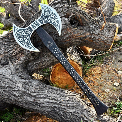 RA-119 Hand Forged Double Head Viking Etched Axe, Viking Double Head Axe, Handcrafted Wood Handle, Gift For Men, Christmas Gift - Ragnar Armoury