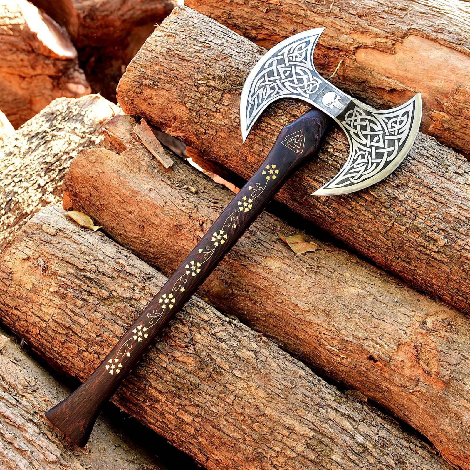 RA-119 Hand Forged Double Head Viking Etched Axe, Viking Double Head Axe, Handcrafted Wood Handle, Gift For Men, Christmas Gift - Ragnar Armoury