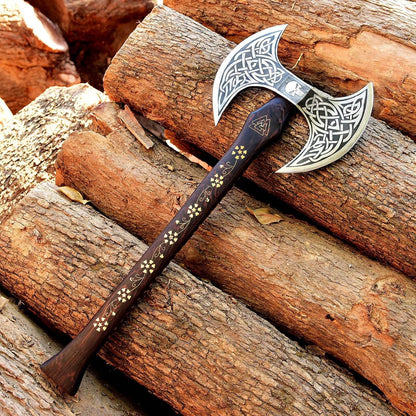 RA-119 Hand Forged Double Head Viking Etched Axe, Viking Double Head Axe, Handcrafted Wood Handle, Gift For Men, Christmas Gift - Ragnar Armoury