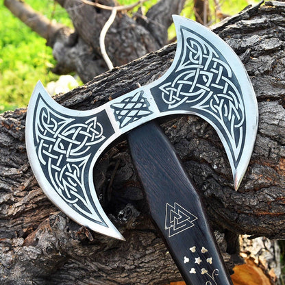 RA-119 Hand Forged Double Head Viking Etched Axe, Viking Double Head Axe, Handcrafted Wood Handle, Gift For Men, Christmas Gift - Ragnar Armoury