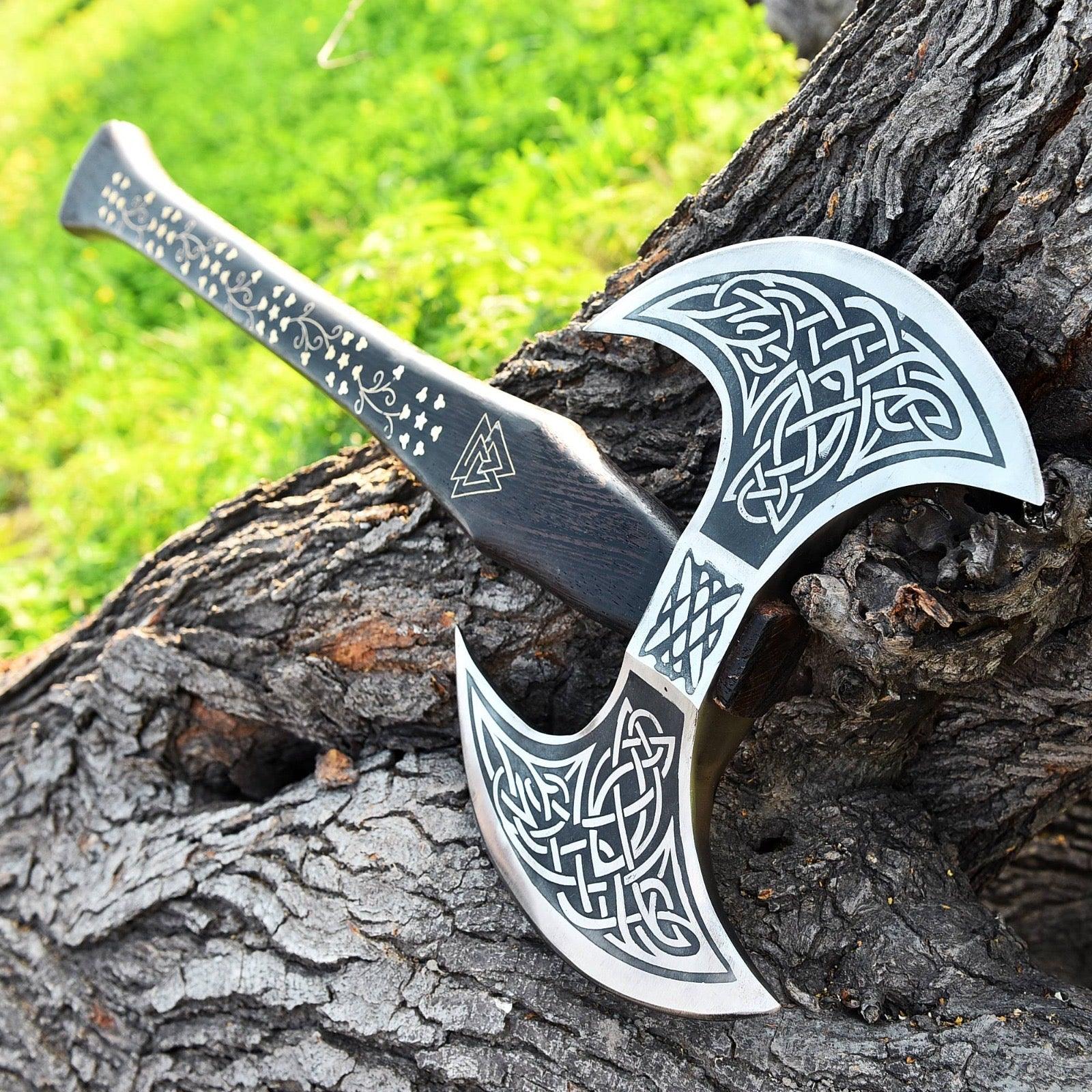 RA-119 Hand Forged Double Head Viking Etched Axe, Viking Double Head Axe, Handcrafted Wood Handle, Gift For Men, Christmas Gift - Ragnar Armoury