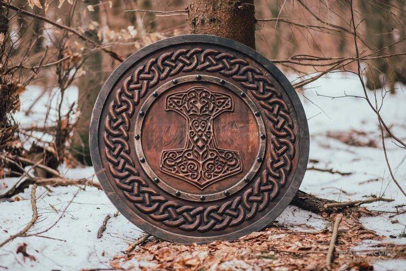 RA-12 Handmade Viking shield, Carved Hammer Of Thor Mjolnir Hammer, warrior Shield, Gift for Men, Christmas Gift, Xmas Gift, Lover Gift - Ragnar Armoury