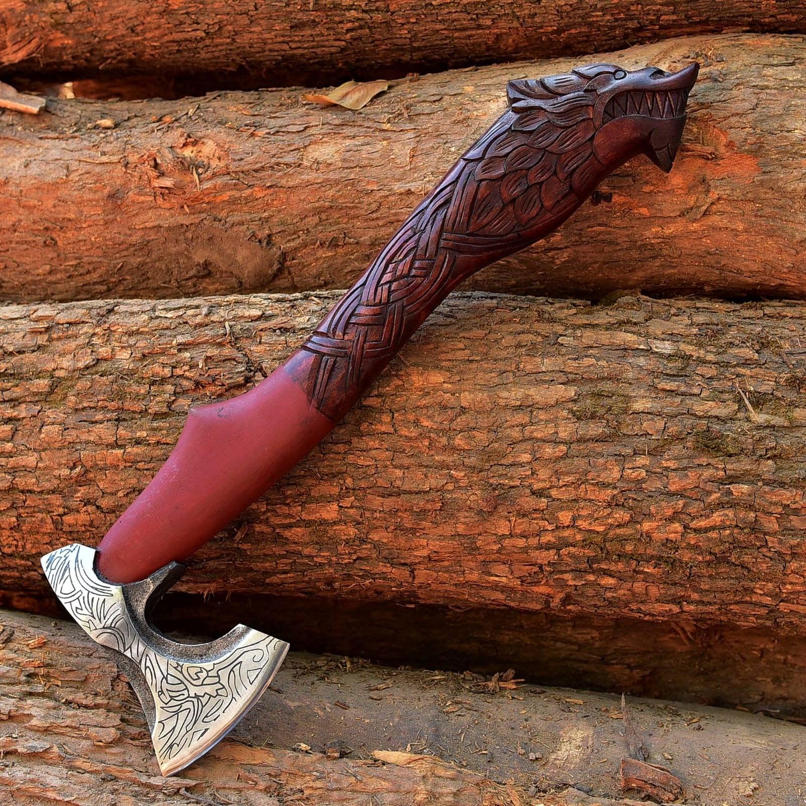 RA-120 Handmade Axe, Authentic Viking Axe, Wolf Hand Carved Viking Axe, Unique Axe, Gift For Men, Christmas Gift - Ragnar Armoury