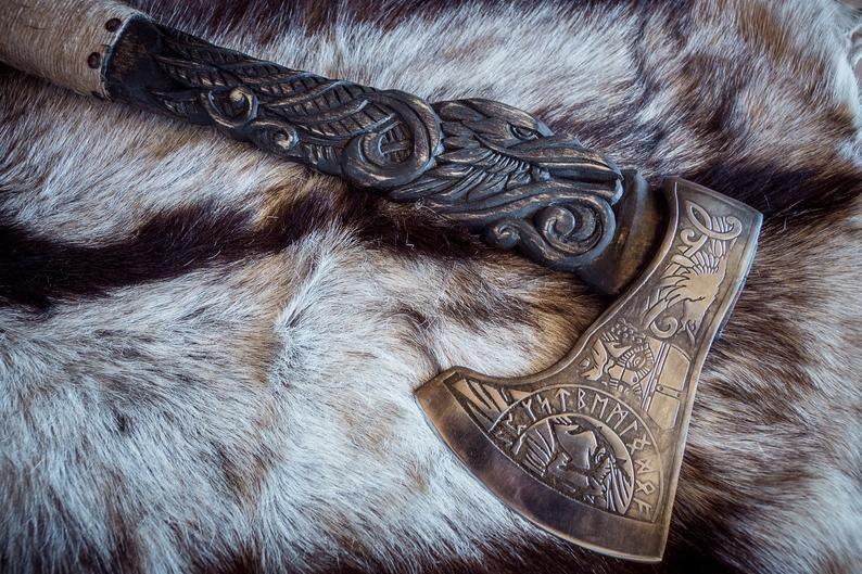 RA-133 Hand Craved Handle Viking Axe, Valhalla Axe, Premium Axe, Gift For Men, Gift For Father - Ragnar Armoury