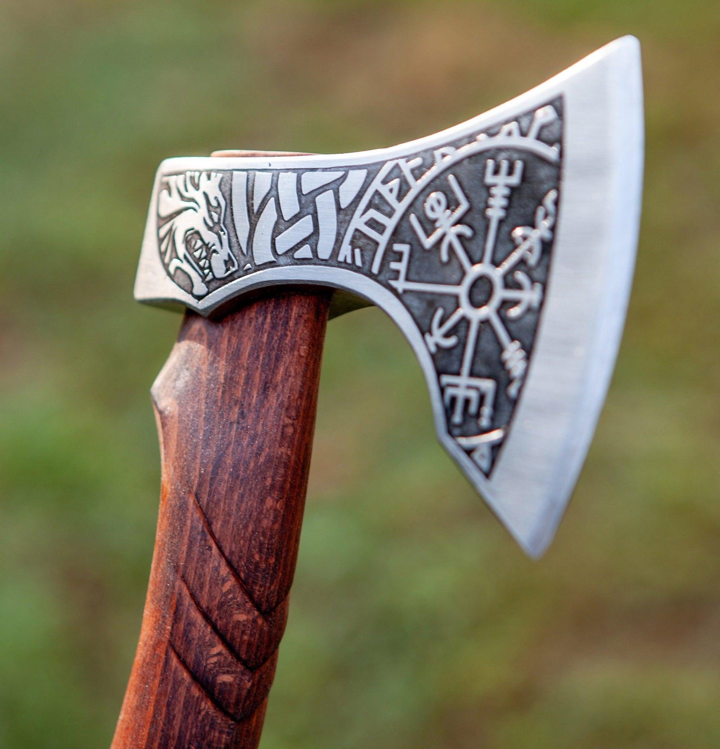 RA-139 Handmade Viking Axe, Fenrir and Vegvisir Axe, Hatched Axe, Authentic Viking Axe, Gift For Men, Gift For Father, Christmas Gift - Ragnar Armoury