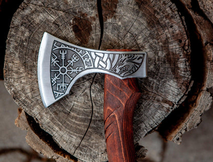 RA-139 Handmade Viking Axe, Fenrir and Vegvisir Axe, Hatched Axe, Authentic Viking Axe, Gift For Men, Gift For Father, Christmas Gift - Ragnar Armoury