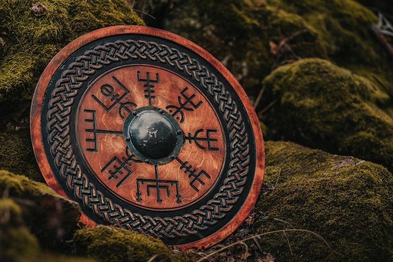 RA-16 Handmade Viking Shield, Carved Vegvisir Shield, Viking nations, Viking lovers, Gift for Men, Christmas Gift, Xmas Gift - Ragnar Armoury