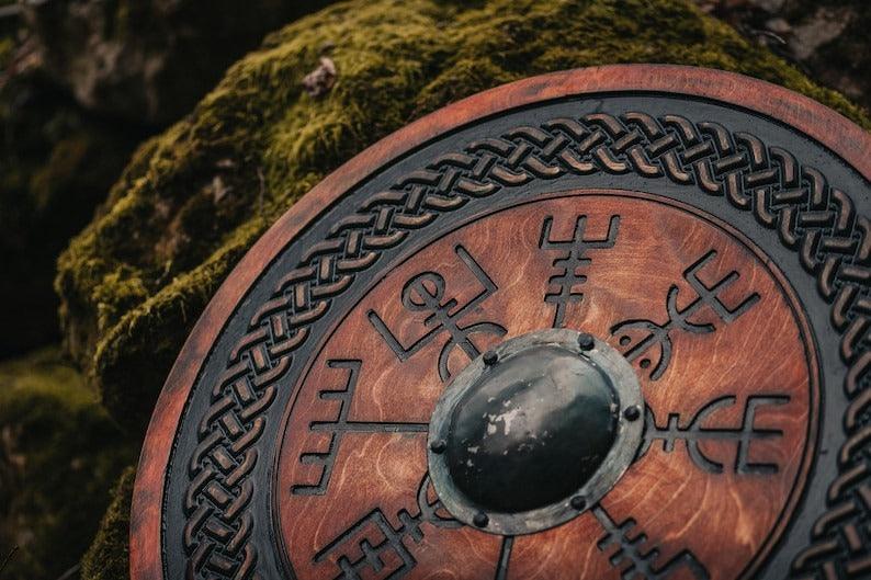 RA-16 Handmade Viking Shield, Carved Vegvisir Shield, Viking nations, Viking lovers, Gift for Men, Christmas Gift, Xmas Gift - Ragnar Armoury