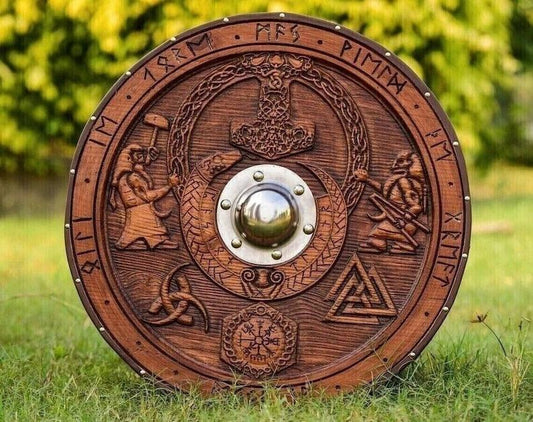 RA-23 Viking Warrior Shield, Hand Crafted 24"Inches Shield, Valknut, Thor Mjolnir, Helm of Awe, The triple horn, Shield, Gift For Men - Ragnar Armoury