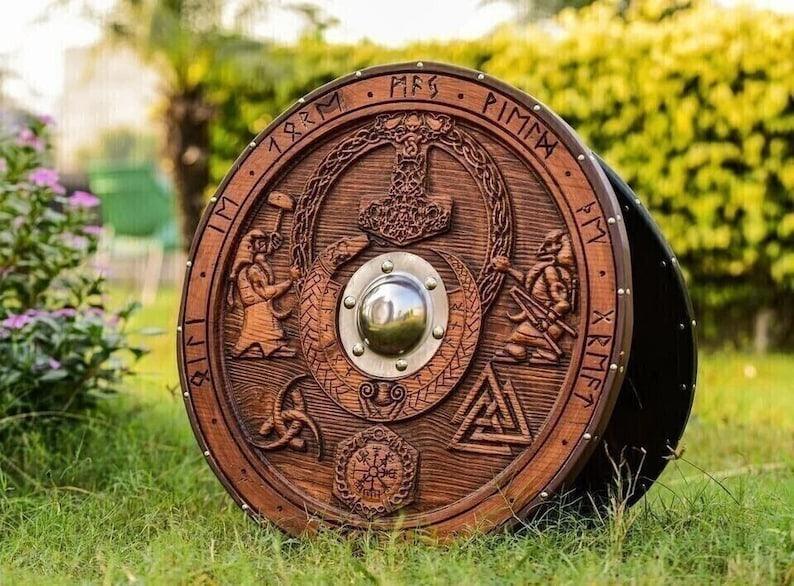 RA-23 Viking Warrior Shield, Hand Crafted 24"Inches Shield, Valknut, Thor Mjolnir, Helm of Awe, The triple horn, Shield, Gift For Men - Ragnar Armoury