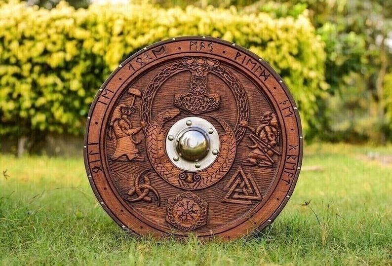 RA-23 Viking Warrior Shield, Hand Crafted 24"Inches Shield, Valknut, Thor Mjolnir, Helm of Awe, The triple horn, Shield, Gift For Men - Ragnar Armoury