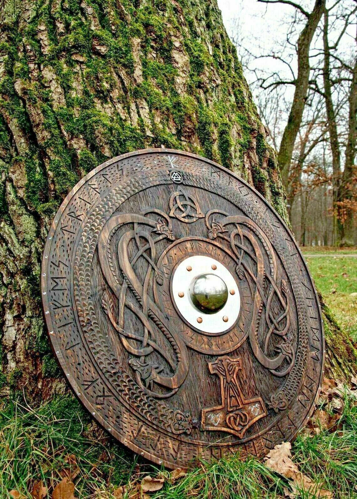 RA-38 Viking Shield, Carved Norse Runic Shield with Jörmungandr Ornaments, Shield, Gift For Men, Wall Hanging Idea, Christmas Gift - Ragnar Armoury