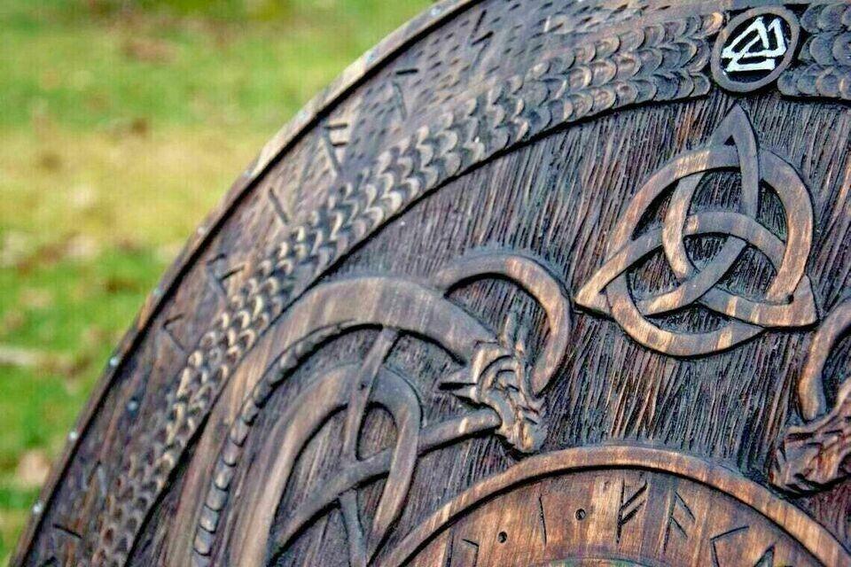 RA-38 Viking Shield, Carved Norse Runic Shield with Jörmungandr Ornaments, Shield, Gift For Men, Wall Hanging Idea, Christmas Gift - Ragnar Armoury