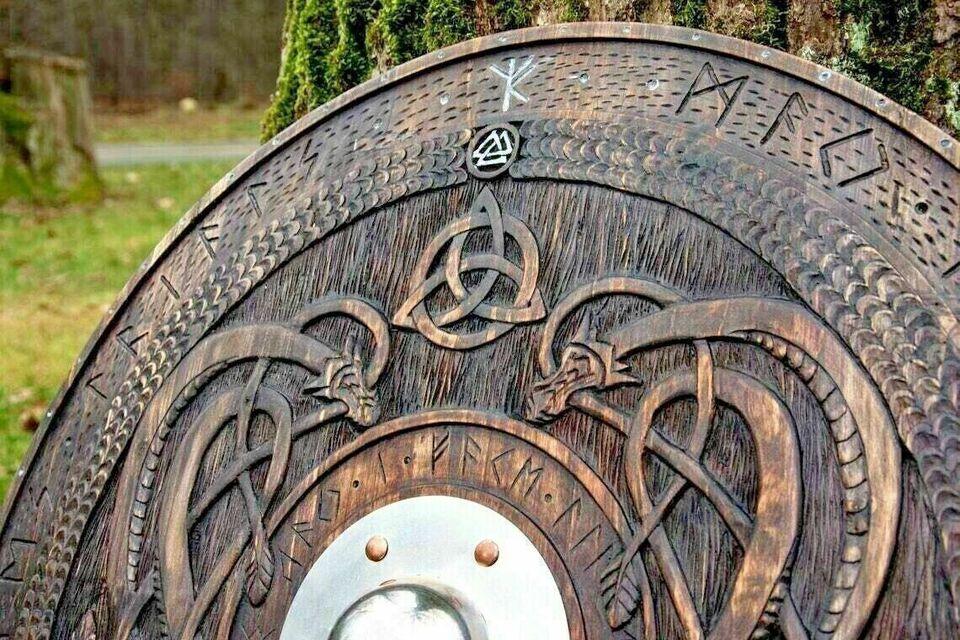 RA-38 Viking Shield, Carved Norse Runic Shield with Jörmungandr Ornaments, Shield, Gift For Men, Wall Hanging Idea, Christmas Gift - Ragnar Armoury