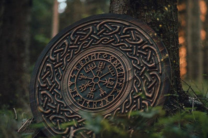 RA-56 Hand carved Birch Viking Shield with Nordic Vegvisir Symbol Shield, 24"inches, Gift For Him, Gift For Men, Christmas Gift, Groomsmen Gift, Easter Gift - Ragnar Armoury