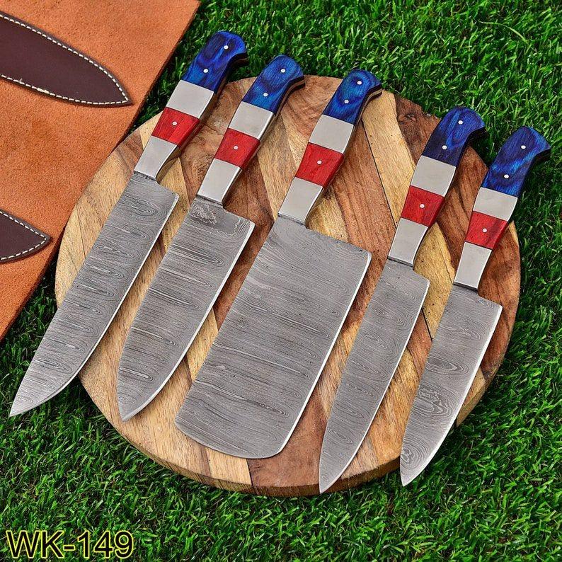 RA-72 Custom Handmade Damascus Steel Chef Set, Custom made Chef Knife, Damascus Kitchen Knives, Kitchen cutlery set, Gift for Her, Gift For Him, Gift For Girlfriend, Gift For Chef, Mothers Day Gift - Ragnar Armoury