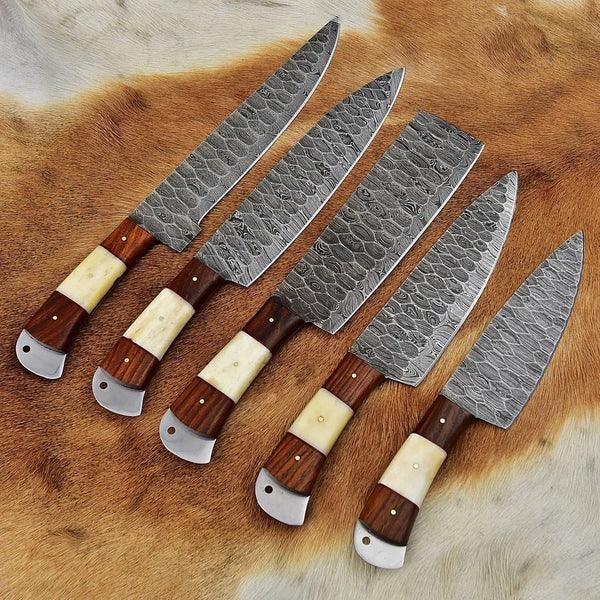 RA-73 Custom Handmade Damascus Steel Chef Set, 5Pcs Chef Set, Custom made Chef Knife, Damascus Kitchen Knives, Kitchen cutlery set, Gift for Her, Gift For Him, Gift For Girlfriend, Gift For Chef, Mothers Day Gift, Christmas Gift - Ragnar Armoury