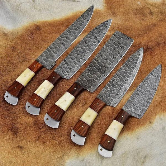 RA-73 Custom Handmade Damascus Steel Chef Set, 5Pcs Chef Set, Custom made Chef Knife, Damascus Kitchen Knives, Kitchen cutlery set, Gift for Her, Gift For Him, Gift For Girlfriend, Gift For Chef, Mothers Day Gift, Christmas Gift - Ragnar Armory