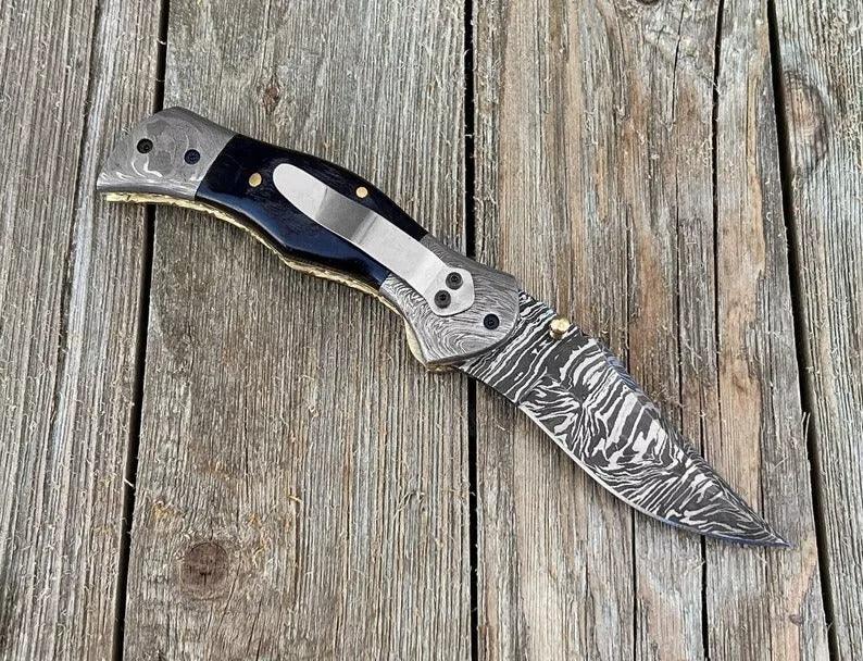 RA-76 Hand Forged Damascus Folding Knife, High Quality Made Folding Pocket Knife, EDC Folding Knife, Gift For Men, Gift For Him, Groomsmen Gift, Personalized Gift - Ragnar Armoury