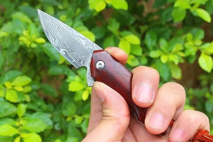 RA-79 Hand Forged Damascus Steel Mini Folding Pocket Knife, Rose Wood Handle, 5"Inches Long, Personalized Gift, Fathers Day Gift, Gift For Him, Christmas Gift - Ragnar Armoury