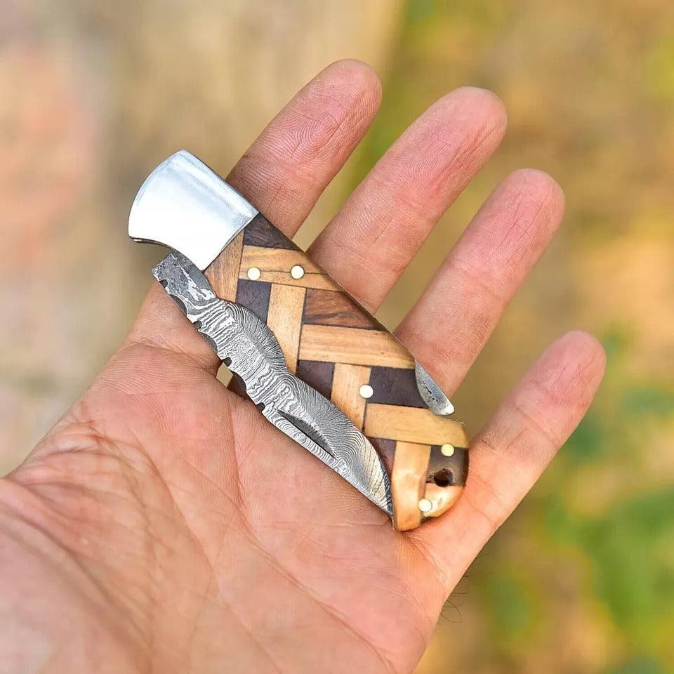 RA-81 Handmade Damascus Steel Zig Zag Folding Pocket Knife, Unique Knife, EDC Knife, Gift for Him, Knife Lovers, Groomsmen Gift - Ragnar Armoury