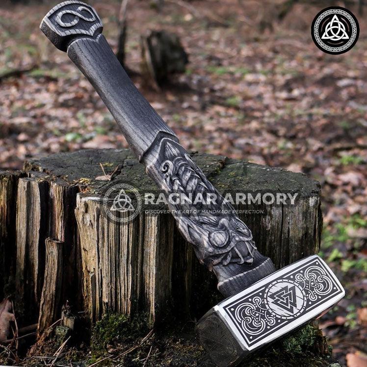 RA-93 Forged Norse Hammer with Carved Odin Handle, Viking War Hammer Handmade, Hammer For Adventure, Gift For Him. Gift for Men, - Ragnar Armoury