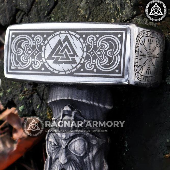 RA-93 Forged Norse Hammer with Carved Odin Handle, Viking War Hammer Handmade, Hammer For Adventure, Gift For Him. Gift for Men, - Ragnar Armoury