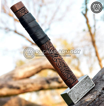 RA-94 Viking battle hammer with carved handle, Viking hammer, Hatched with Valknut Symbol, Gift For men, Gift For Viking Lover, Unique Gift - Ragnar Armoury