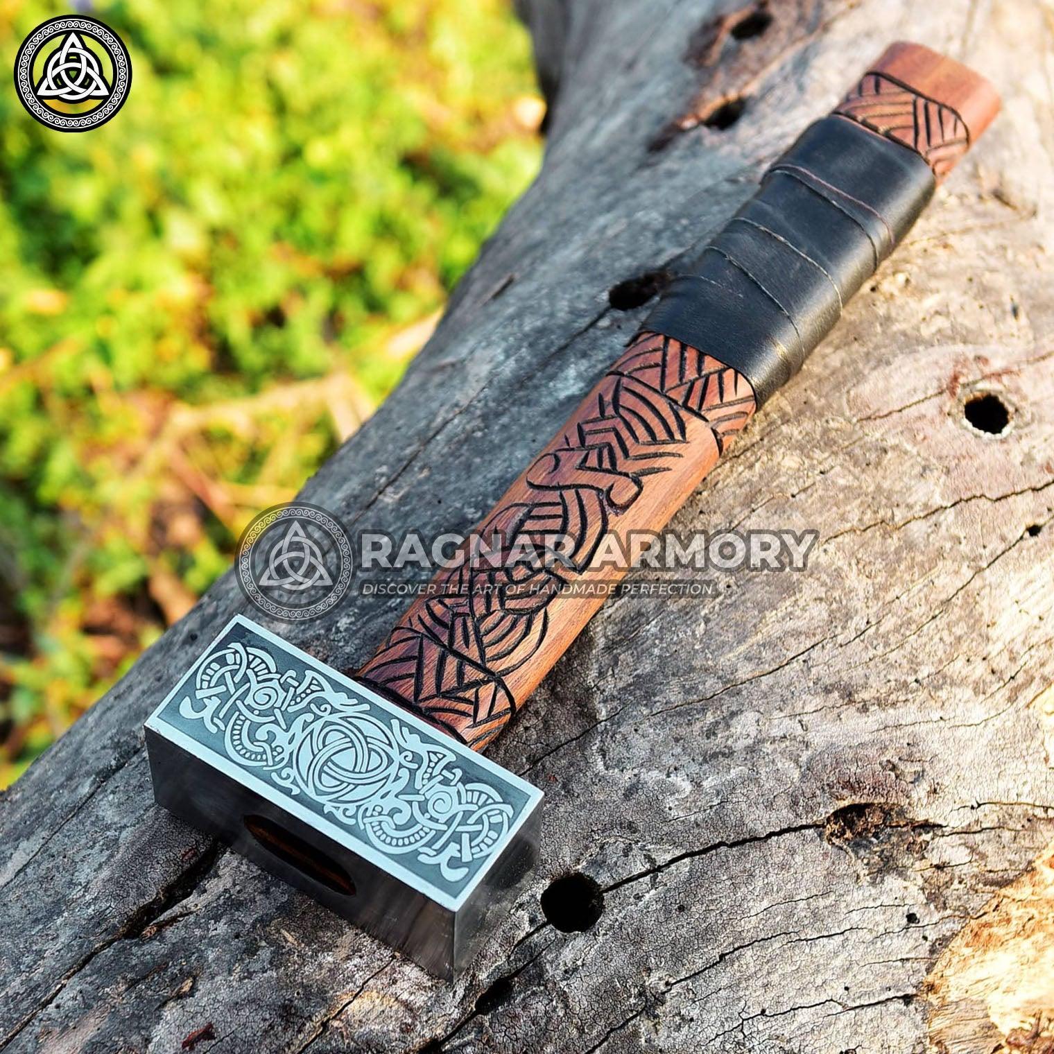 RA-94 Viking battle hammer with carved handle, Viking hammer, Hatched with Valknut Symbol, Gift For men, Gift For Viking Lover, Unique Gift - Ragnar Armoury