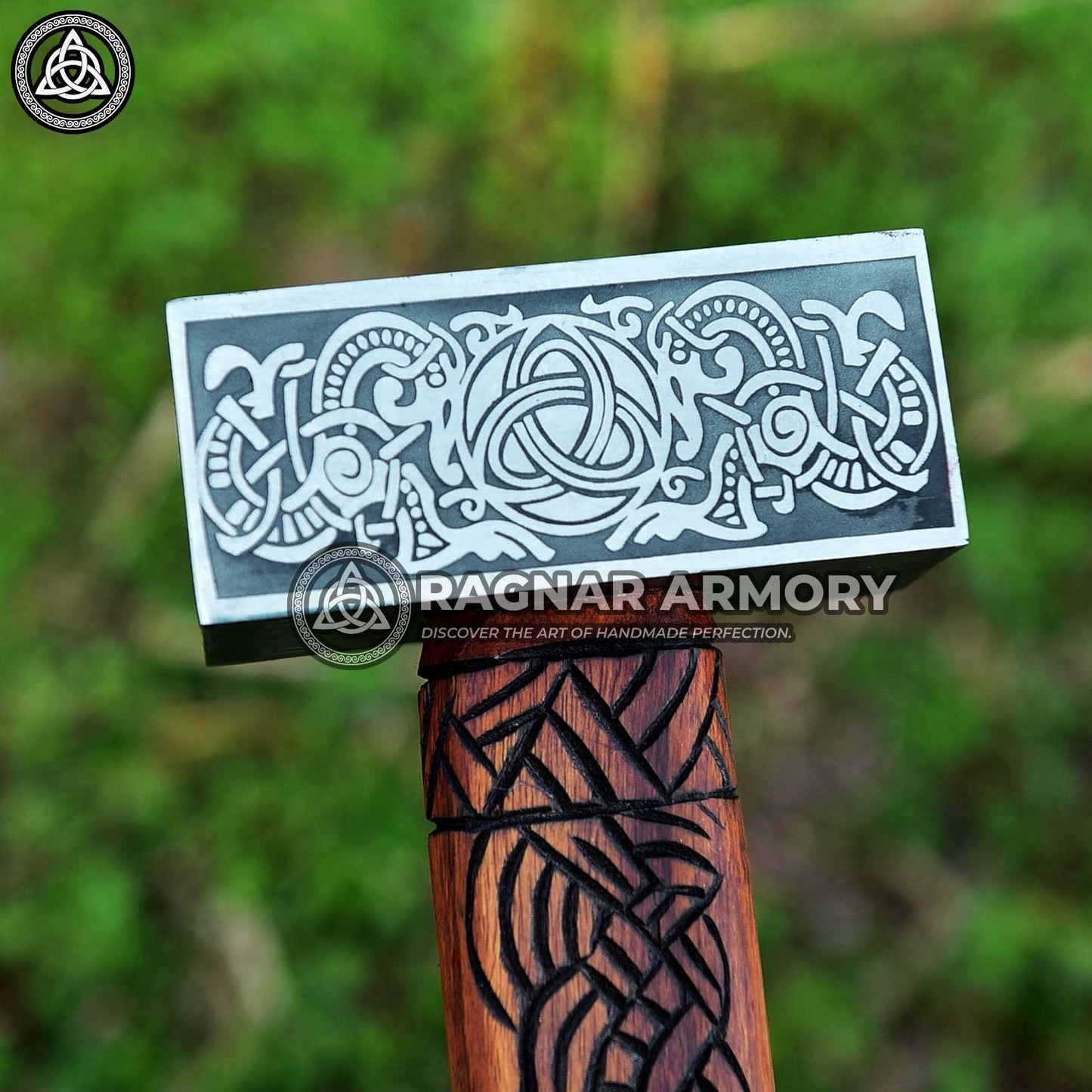 RA-94 Viking battle hammer with carved handle, Viking hammer, Hatched with Valknut Symbol, Gift For men, Gift For Viking Lover, Unique Gift - Ragnar Armoury