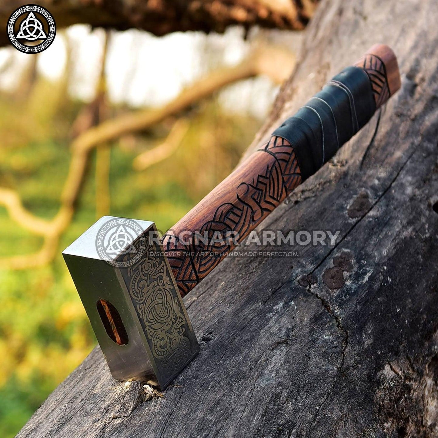 RA-94 Viking battle hammer with carved handle, Viking hammer, Hatched with Valknut Symbol, Gift For men, Gift For Viking Lover, Unique Gift - Ragnar Armoury