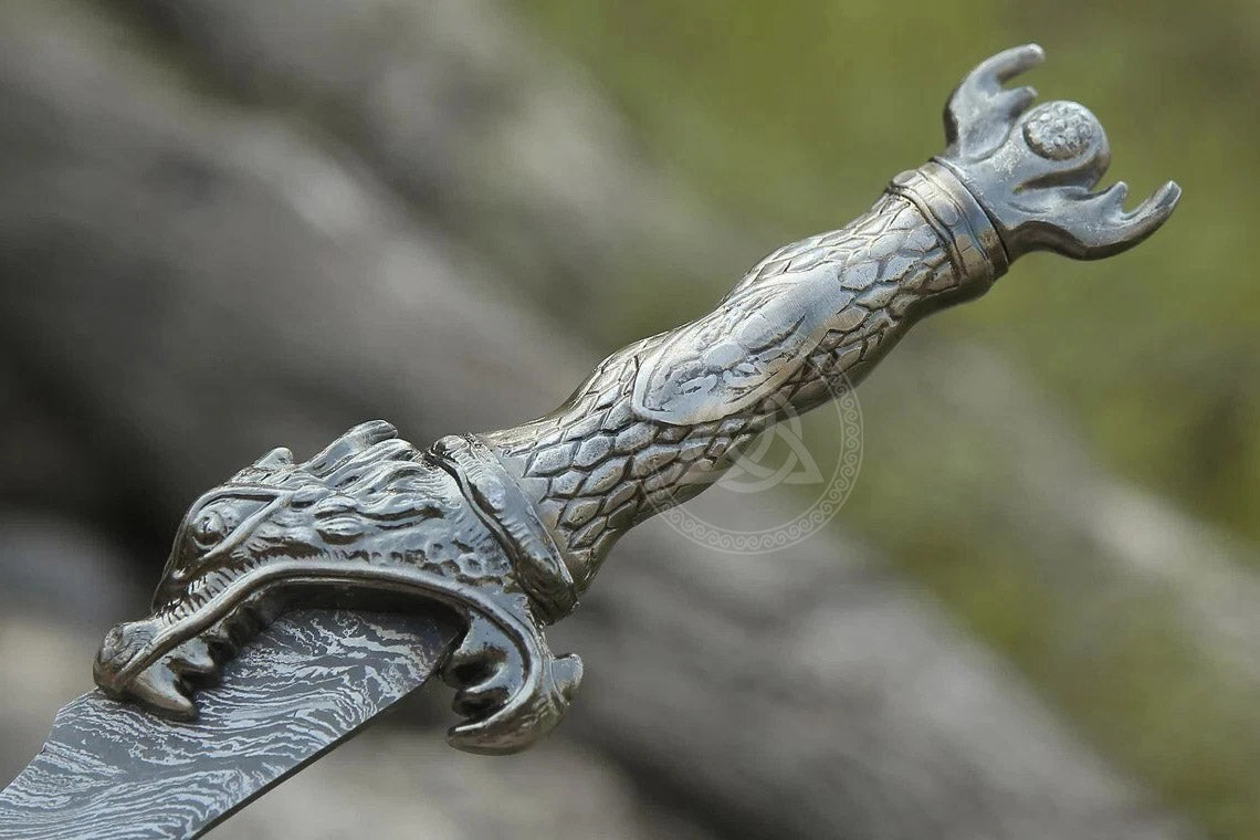 Handmade Damascus Mini Sword - Dragon Handle & Leather Sheath