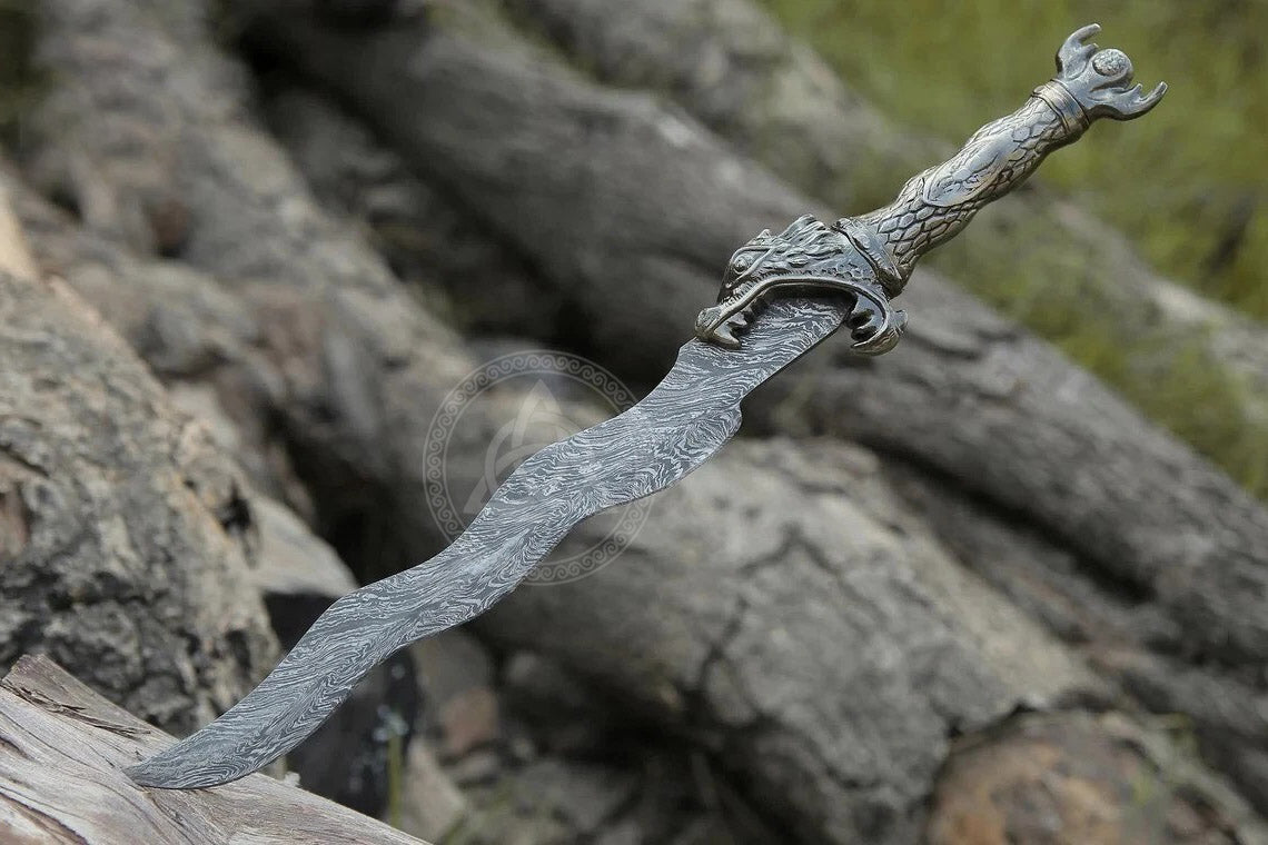 Handmade Damascus Mini Sword - Dragon Handle & Leather Sheath
