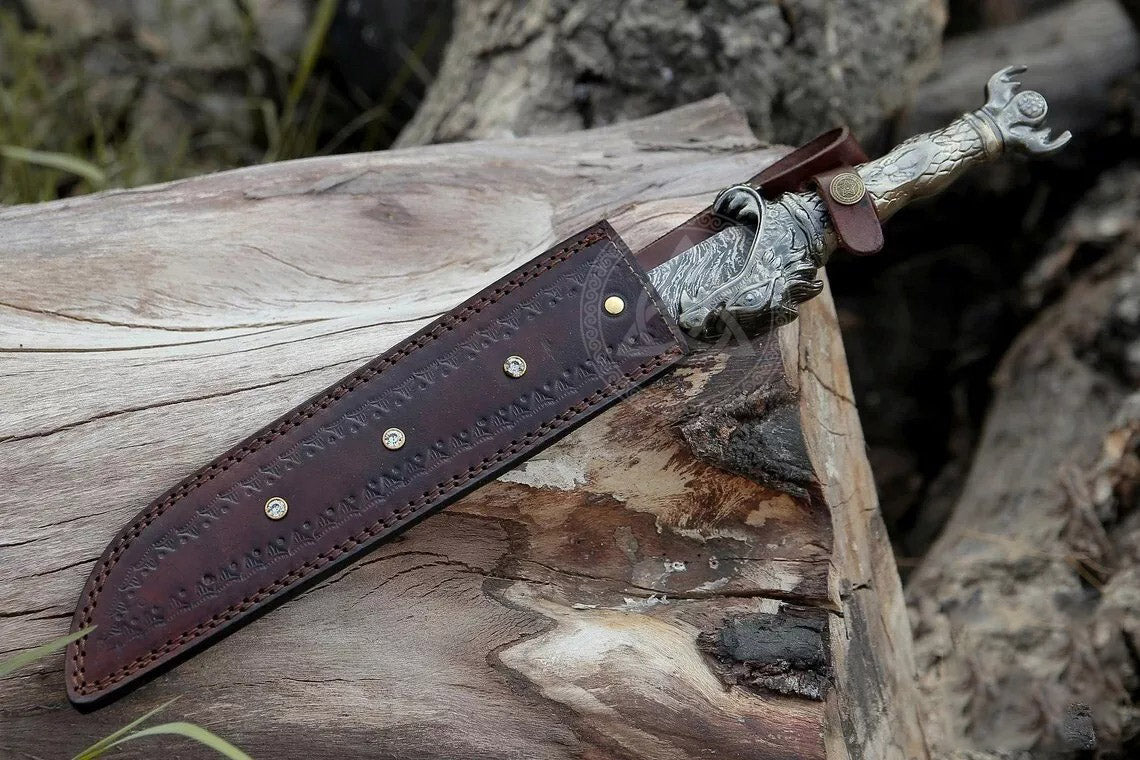 Handmade Damascus Mini Sword - Dragon Handle & Leather Sheath