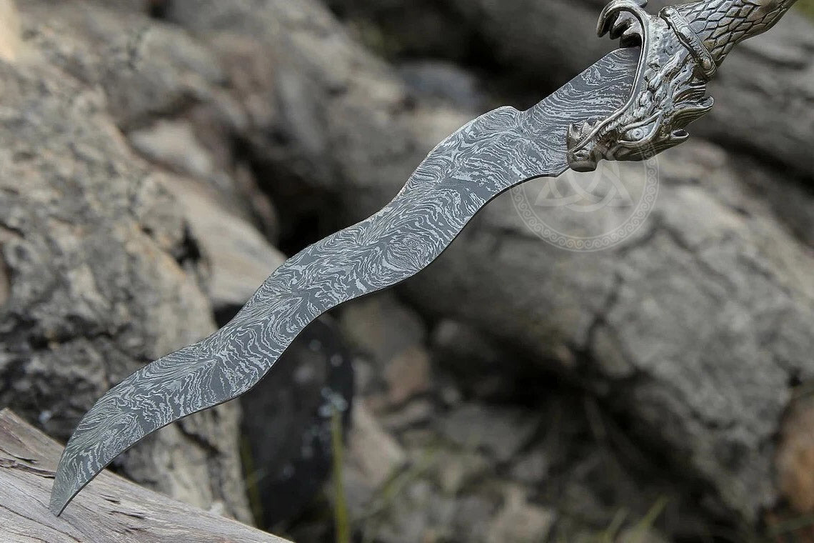 Handmade Damascus Mini Sword - Dragon Handle & Leather Sheath