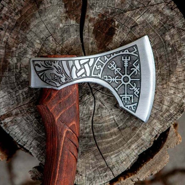 RA-191 Hand Forged Fenrir Wolf Fenrir and Helm Of Awe Axe, Viking Axe, Bushcraft tool, Outdoor axe, Camping axe - Ragnar Armoury